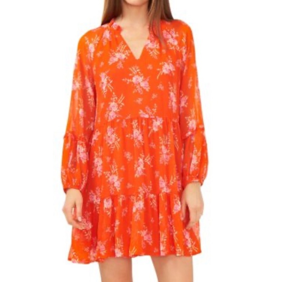 Vince Camuto Dresses & Skirts - Vince Camuto Sheer 3-Tier Ruffled Mini Dress Orange/Pink